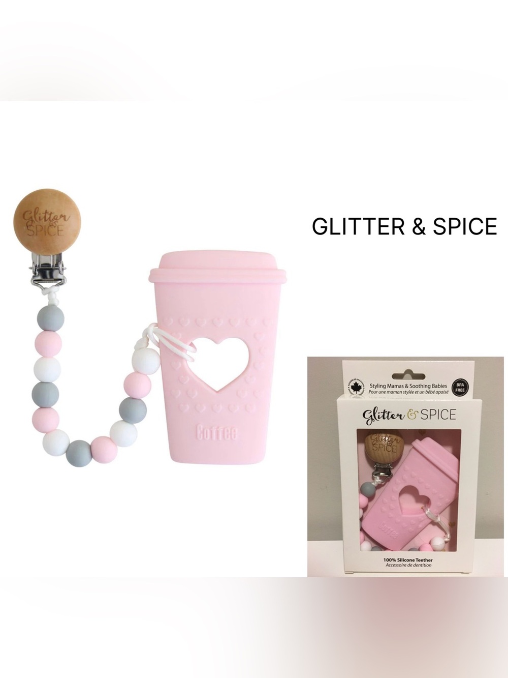 GLITTER & SPICE - NWT - PINK COFFEE SILICONE TEETHER / PACIFIER CLIP